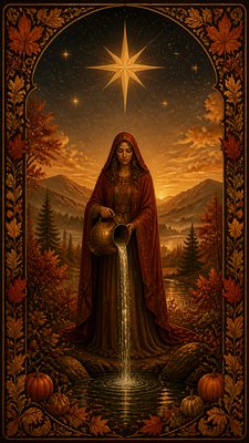 a robed figure pouring water beneath a large eight-pointed star in a night sky, symmetrical composition with an ornate decorative border, no text
