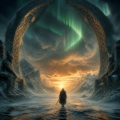 a solitary figure walking toward a glowing horizon across an empty plain, moody atmosphere, no text or lettering