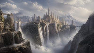 a cliffside city with waterfalls cascading into a misty canyon, wide establishing shot, no people, no text