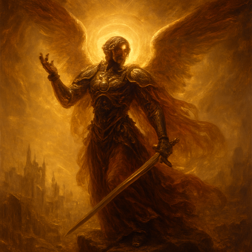 A futuristic cybernetic, dystopian, angel warrior, on a mountain top overlooking a deserted, broken city. Ultra-realistic. Extreme detail.