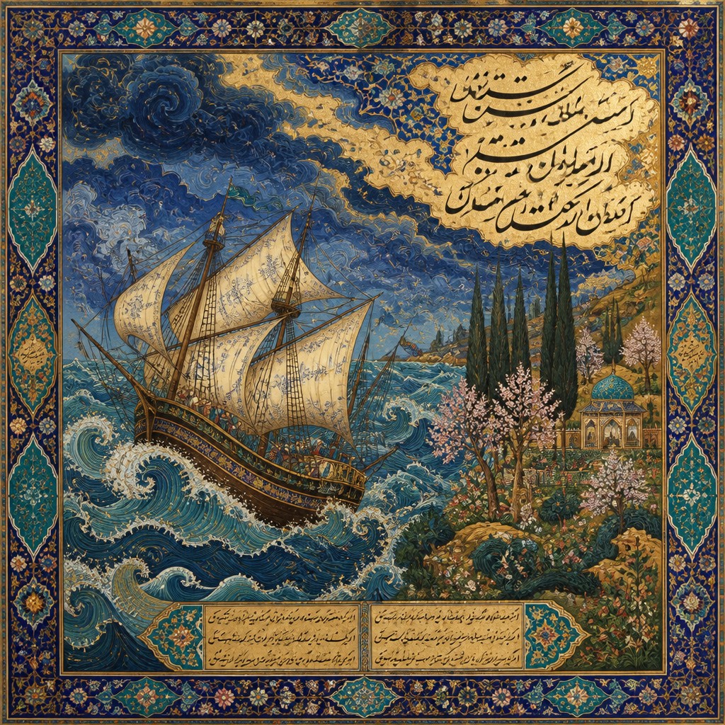 sailing ship on a stormy sea — Persian Art Style