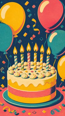 a birthday cake with lit candles surrounded by balloons and confetti, festive vertical composition, no text
