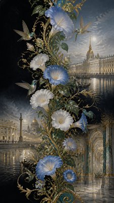 a climbing vine of flowers and hummingbirds on a dark background, tall wrapping composition, no text