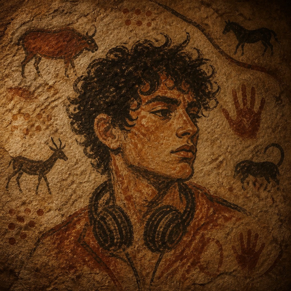 head-and-shoulders portrait of an original character: a young man with curly dark hair and headphones around his neck, plain backdrop, no text