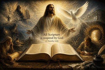 : “All Scripture is inspired by God” (2 Timothy 3:16). show open Bible with Holy Spirit and Jesus the Word of God 