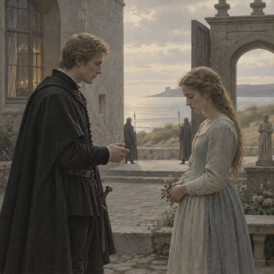 Hamlet Prince of Denmark meets with Ophelia in the Castle courtyard