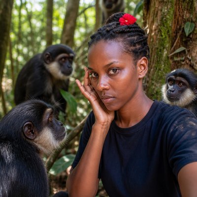a woman sitting next to a monkey in a forest