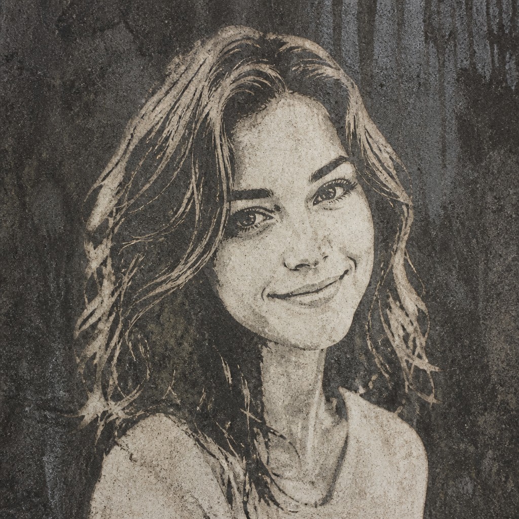 head-and-shoulders portrait of an original character: a young woman with wavy chestnut hair and a warm smile, plain soft backdrop