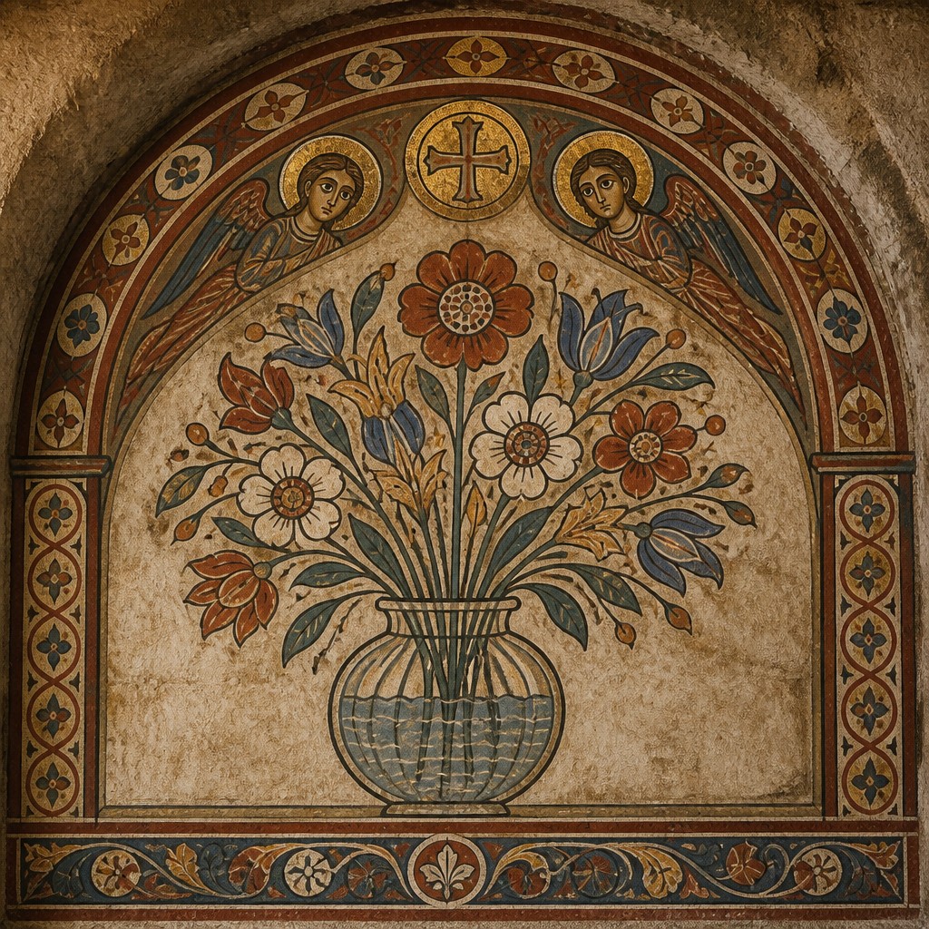 bouquet of flowers in a glass vase — Romanesque Art Style