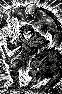 a black and white drawing of two monsters and a demon