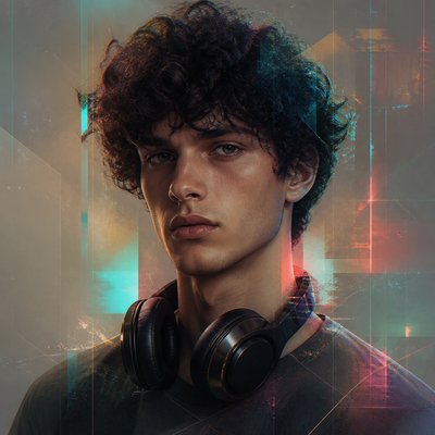 head-and-shoulders portrait of an original character: a young man with curly dark hair and headphones around his neck, plain backdrop, no text