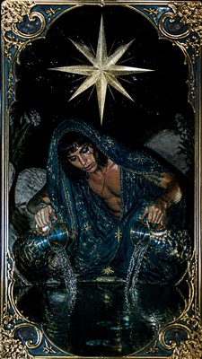 a robed figure pouring water beneath a large eight-pointed star in a night sky, symmetrical composition with an ornate decorative border, no text