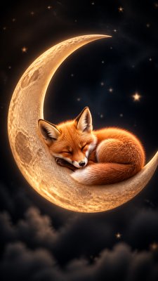 a sleeping baby fox curled on a crescent moon among soft stars, gentle and warm, no text
