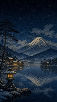 a tranquil mountain lake beneath a starry night sky, no people, no text