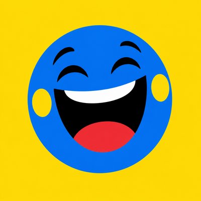 an exaggerated laughing face of an original round mascot character, bold and readable at small size, plain background, no text