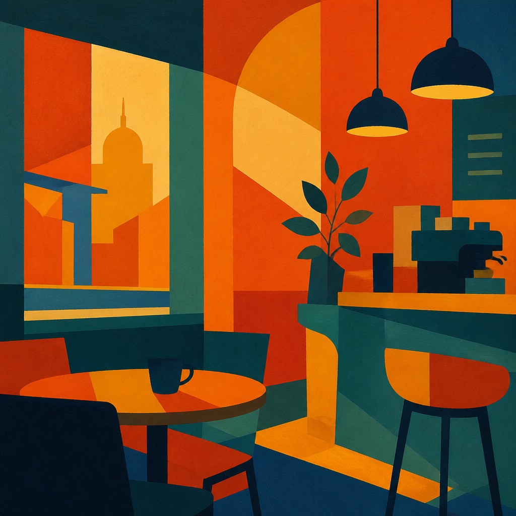 cozy cafe interior with warm lighting