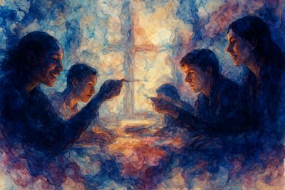 a painting of three people sitting at a table