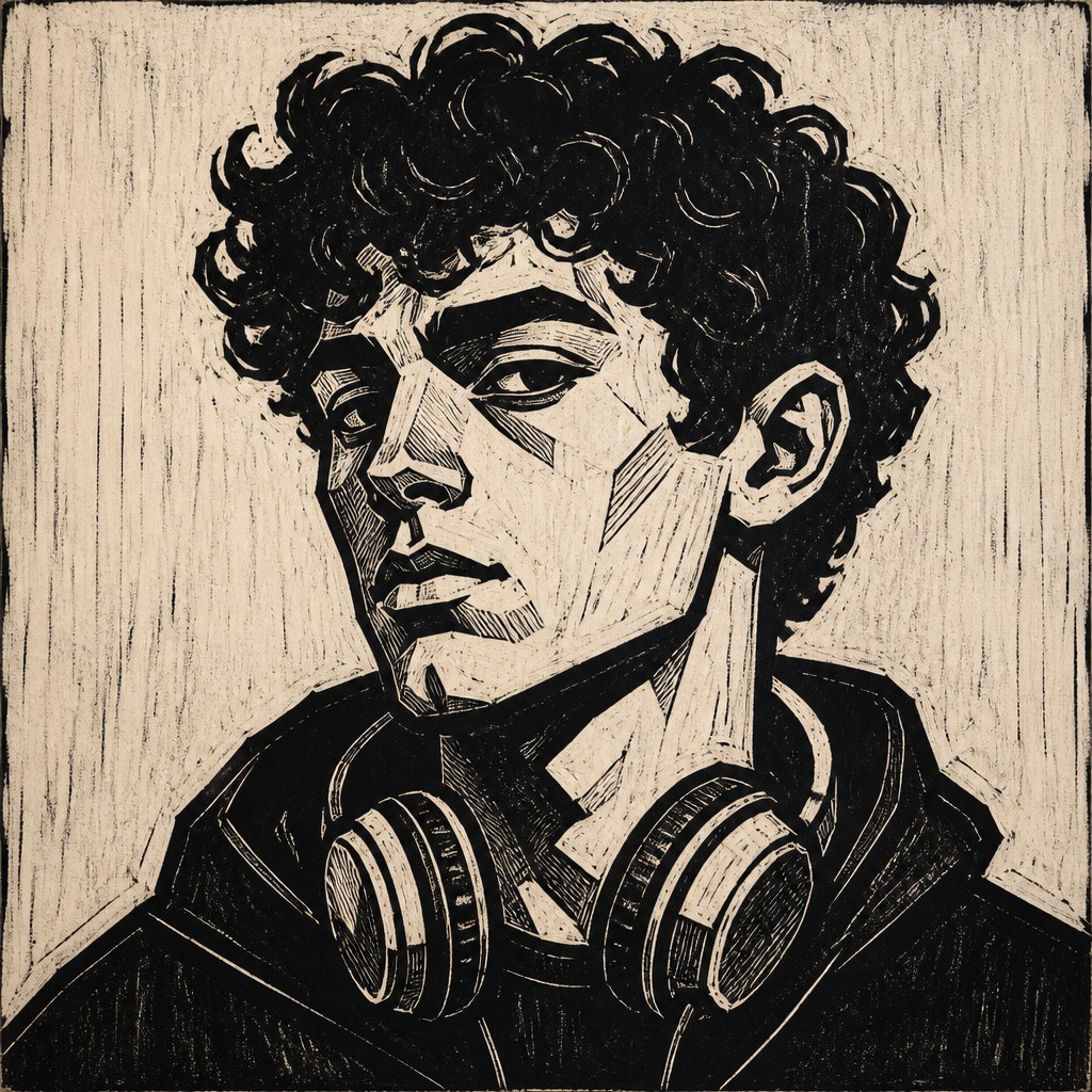 head-and-shoulders portrait of an original character: a young man with curly dark hair and headphones around his neck, plain backdrop, no text