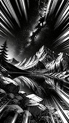 a tranquil mountain lake beneath a starry night sky, no people, no text