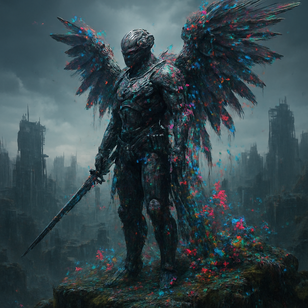 A futuristic cybernetic, dystopian, angel warrior, on a mountain top overlooking a deserted, broken city. Ultra-realistic. Extreme detail.