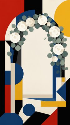 an arch of white roses and eucalyptus in soft morning light, elegant vertical composition with open space, no text