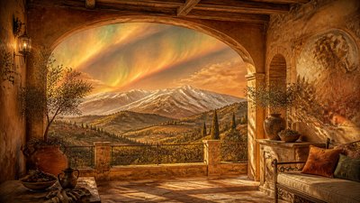 a flowing aurora over snowy peaks, wide sweeping composition, no people, no text
