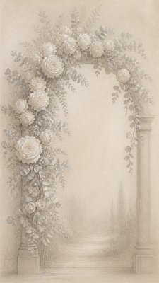 an arch of white roses and eucalyptus in soft morning light, elegant vertical composition with open space, no text