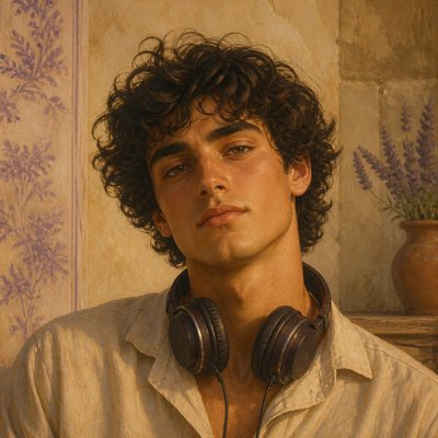 head-and-shoulders portrait of an original character: a young man with curly dark hair and headphones around his neck, plain backdrop, no text