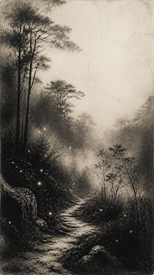 a mysterious forest path with fireflies and drifting mist, atmospheric vertical composition with open space at the top, no text