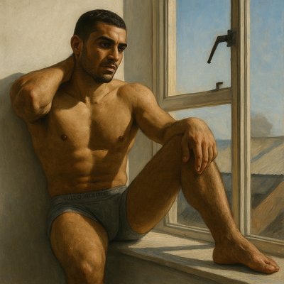 a painting of a man sitting on a window sill