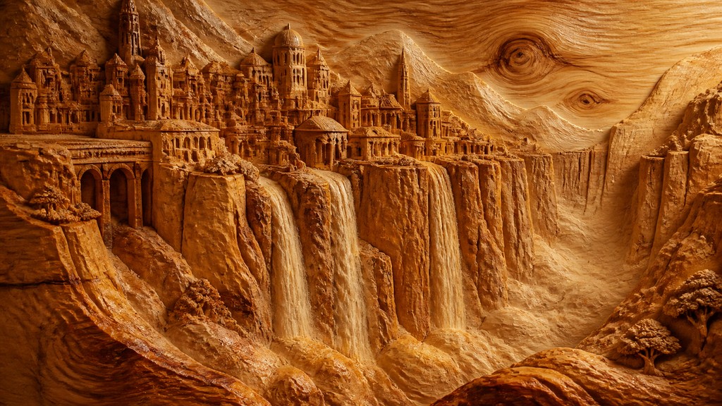 a cliffside city with waterfalls cascading into a misty canyon, wide establishing shot, no people, no text
