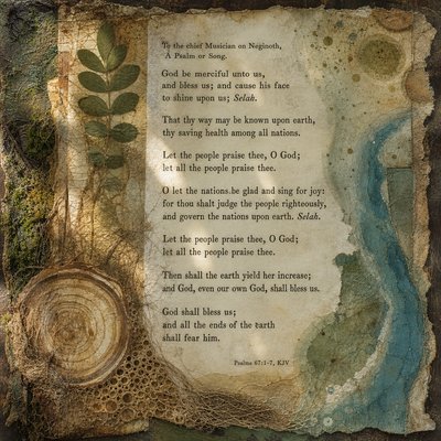 “To the chief Musician on Neginoth, A Psalm or Song. God be merciful unto us, and bless us; and cause his face to shine upon us; Selah. That thy way may be known upon earth, thy saving health among all nations. Let the people praise thee, O God; let all the people praise thee. O let the nations be glad and sing for joy: for thou shalt judge the people righteously, and govern the nations upon earth. Selah. Let the people praise thee, O God; let all the people praise thee. Then shall the earth yield her increase; and God, even our own God, shall bless us. God shall bless us; and all the ends of the earth shall fear him.” (Psalms 67:1-7, KJV)

