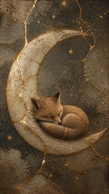 a sleeping baby fox curled on a crescent moon among soft stars, gentle and warm, no text
