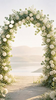 an arch of white roses and eucalyptus in soft morning light, elegant vertical composition with open space, no text
