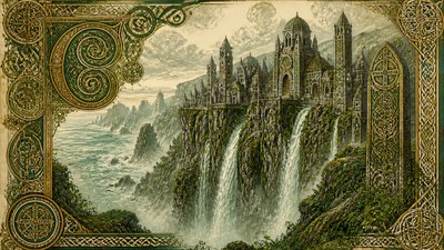 a cliffside city with waterfalls cascading into a misty canyon, wide establishing shot, no people, no text