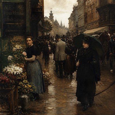 urban street with city activity — Munich School Art Style
