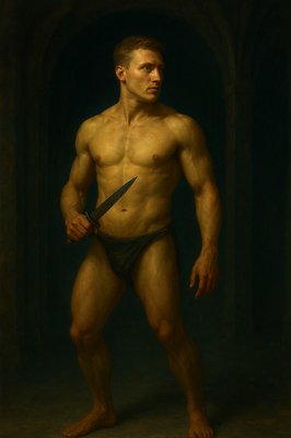 a painting of a man with a knife in his hand