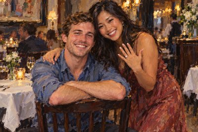 In a restaurant we see a young couple facing the camera.  The man is caucasian and she is Asian.  She stands beside him as he sits on a restaurant chair.  The chair is backwards, and his arms are folded on top of the chair's back.  She has her right arm draped around his neck, as she holds her left hand out to display a brand new engagement ring.  She is bending down and her head is next to his.  They are very casual and both smiling. It looks like he might have just "popped the question!"
 This is the most wonderful day!
