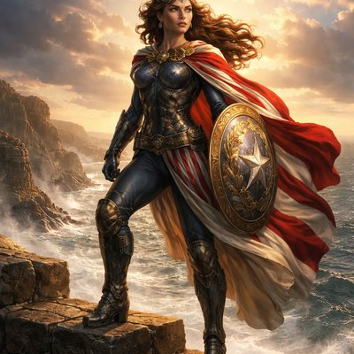 Epic Comic Book Cover Art, Neoclassical Painting Influence, Cinematic Lighting. A majestic female superhero, a fusion of Captain America's tactical practicality and the classical personification of "Columbia." She stands atop a rugged coastal fortress wall with the ocean crashing below at dawn.

The Costume: A blend of armored protection and classical drapery. She wears a fitted, reinforced tactical suit in deep ocean blue with scale-mail elements. Over this, a heavy, flowing crimson and white striped sash is draped toga-style across her chest and shoulder, held by a golden eagle clasp.

The Gear: Instead of a cowl, she wears a gleaming, stylized armored tiara/crown with a prominent central star, evoking classical statues. On her left arm is a massive, ornate round shield. The shield features a relief sculpture design: a central star surrounded by an anchor motif and an encircling laurel wreath, painted in muted red, white, blue, and antique gold. She wears heavy armored gauntlets and combat boots.

The Vibe: Powerful, statuesque, and inspiring. Her pose is strong and unwavering, looking out over the horizon. The lighting is golden sunrise light mixing with sea spray.