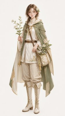 full-body original character: a wandering botanist with a satchel of plants, a patched green cloak, tall boots and round glasses, neutral background