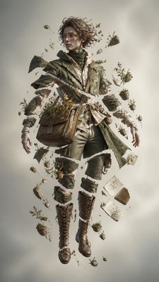 full-body original character: a wandering botanist with a satchel of plants, a patched green cloak, tall boots and round glasses, neutral background