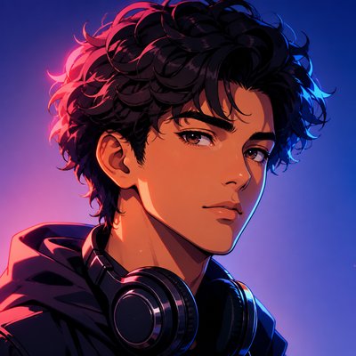 head-and-shoulders portrait of an original character: a young man with curly dark hair and headphones around his neck, plain backdrop, no text