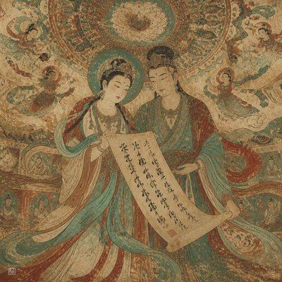 portrait of two people together — Dunhuang Art Style