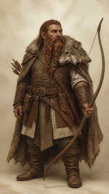 full-body original character: a dwarven ranger with a braided auburn beard, worn leather armor, a longbow and a wolf-pelt cloak, neutral background, no text