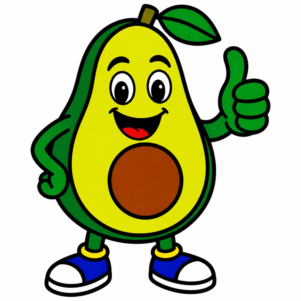 a happy avocado character giving a thumbs up, bold readable design on a plain background, no text