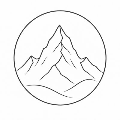 an emblem of a mountain peak inside a circle, simple bold shapes on a plain background, no text or lettering