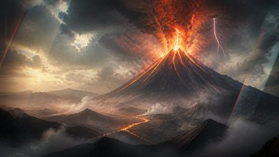 an erupting volcano with lightning strikes, dramatic wide composition, no text