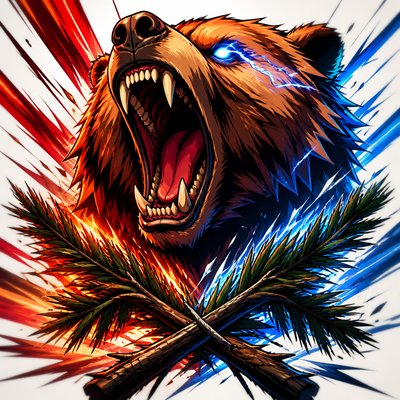 a roaring bear head above crossed pine branches, bold graphic composition on a plain background, no text