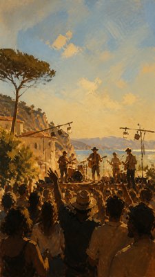 a live music scene with a glowing stage and silhouetted crowd, energetic vertical composition with open space at the top, no text