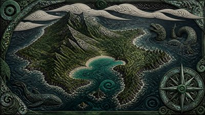a map of an island realm with mountains, forests, a sheltered bay, sea monsters in the water and a compass rose, no text labels